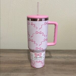 Agenda Pink Ribbon Checkered Mug with Straw